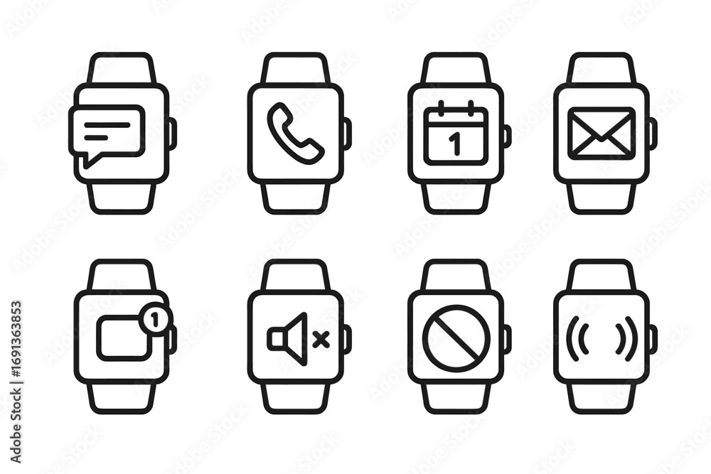 Poster smartwatch notification icons. outline icon set of smartwatch notifications: message alert, call ale