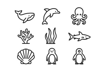 Fototapeta premium Marine Biodiversity Icons. Outline icon set of marine biodiversity hotspots: whale, dolphin, octopus, coral,
