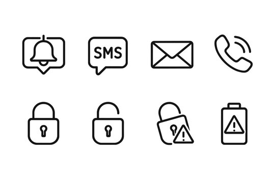 Smart Lock Icons Set. Outline icon set of smart lock notifications: push notification, SMS alert, email alert, phone call alert,