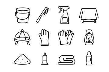 Fire Pit Maintenance Icons. Outline icon set of Fire pit maintenance: ash bucket, wire brush, cleaning spray,