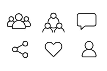 Social Media Icons. Outline icon set of social influence: group of people, social network, thumbs up, comment bubble, share arrows