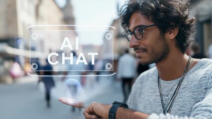Man Using AI Chat Interface on Smartwatch in City Street - Powered by Adobe