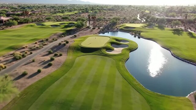 Aerial View of a Lush Golf Course with Water Feature