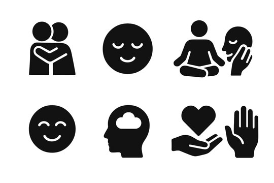 Soft Emotion Icons. Solid, filled icon set of softness in emotions: gentle hug, calm face, relaxed posture, tender touch, smiling