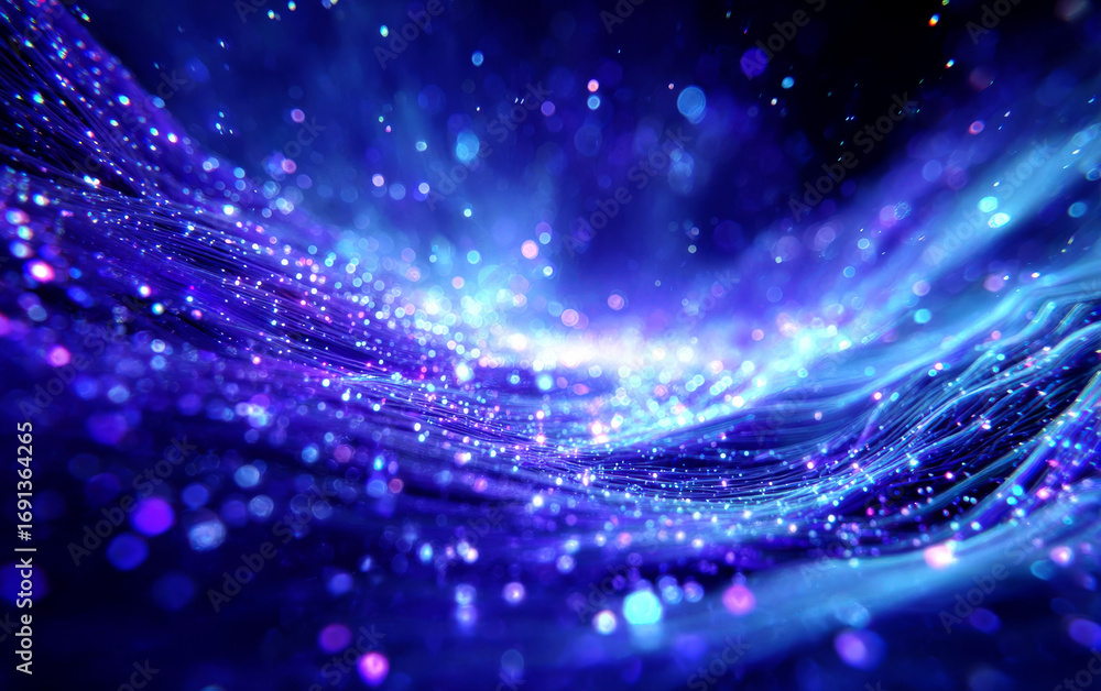 Poster vibrant blue glowing particles with wavy patterns in abstract design