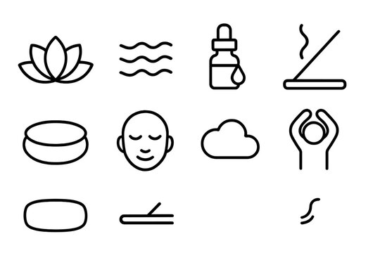 Relaxation Icons Set. Outline icon set of relaxation techniques: lotus flower, breathing waves, essential oil