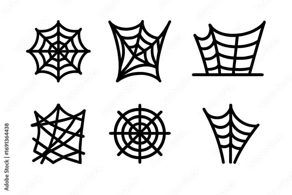 Poster spider web icons. solid, filled icon set of spider web types: orb web, funnel web, cobweb, sheet web