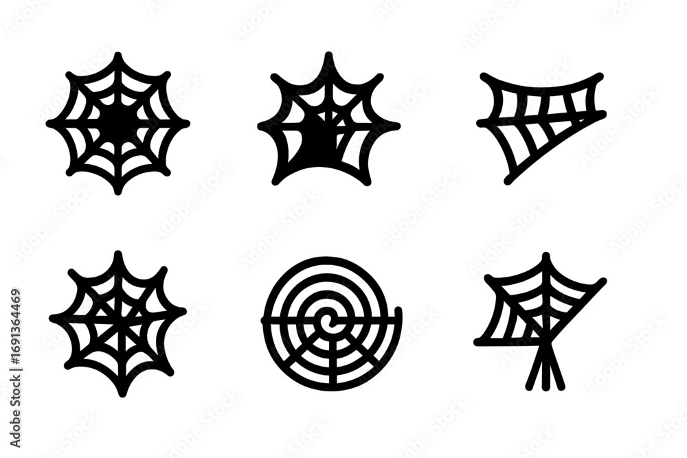 Poster spider web icons. solid, filled icon set of spider web types: orb web, funnel web, cobweb, sheet web