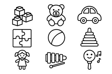 Playtime Toy Icons. Outline icon set of Playtime toys: blocks, teddy bear, toy car, puzzle, ball, stacking