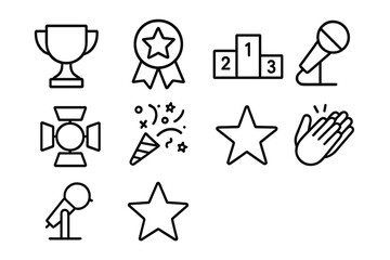 Award Ceremony Icons. Outline icon set of award ceremonies: trophy, ribbon medal, podium, microphone,