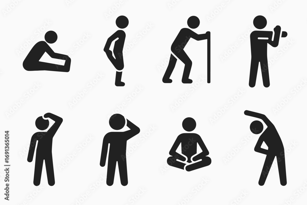Poster stretching exercises icons. solid, filled icon set of stretching exercises: hamstring stretch, quad 