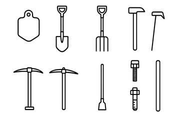 Fixing Tools Icons. Outline icon set of fixing digging tools: shovel blade, spade, digging fork, hoe, mattock, pickaxe, crowbar,