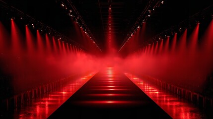 Elegant couple walking under abstract lights in a dark and reflective space