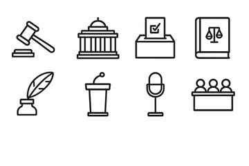 Legislative Icon Set. Outline icon set of Legislative process: gavel, parliament building, voting ballot, law