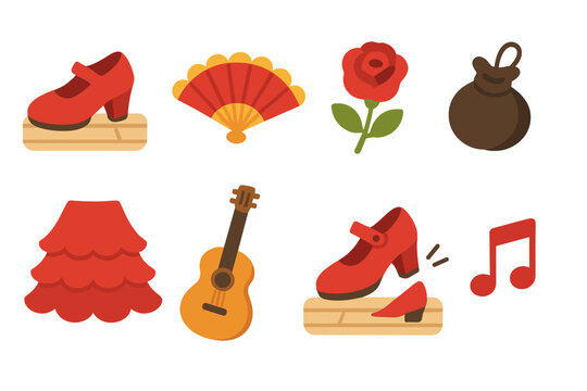 Flamenco Dance Icons. Flat vector mini-illustrations Flamenco shoes stamping on wooden floor in colors children's illustrations: