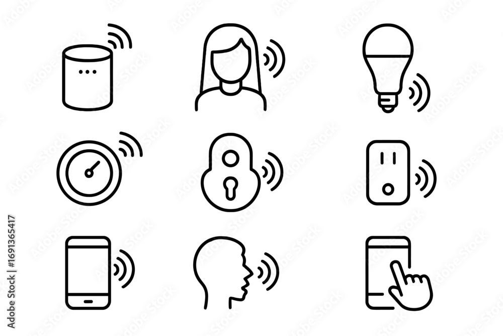 Poster voice-controlled smart devices. outline icon set of voice-controlled smart devices: smart speaker, v