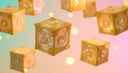 Golden cubic boxes floating in soft pastel colors