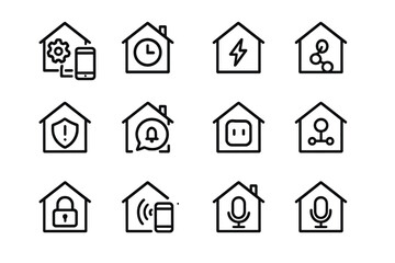 Smart Home Icon Set. Outline icon set of Smart home apps: device control, schedule, energy monitoring,
