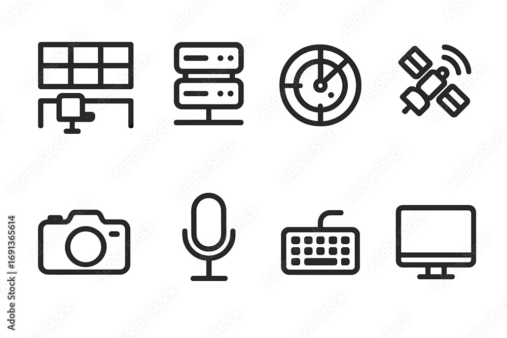 Poster tech command icons. outline icon set of command environment: control room, server rack, radar, satel