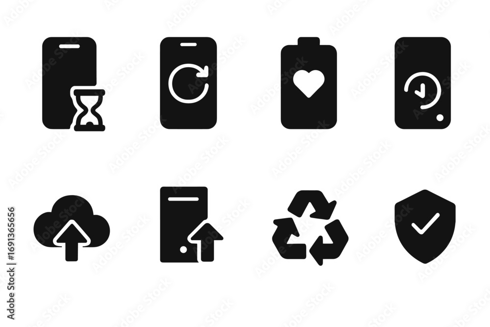 Poster tech lifespan icons. solid, filled icon set of lifespan in technology: device aging, software update