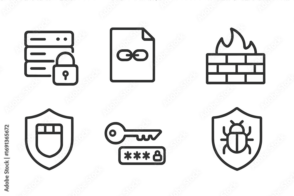 Poster tech security icons. outline icon set of trust in technology: secure server, encryption, firewall, v