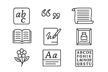Calligraphy Icon Set. Outline icon set of Calligraphy inspiration: alphabets, quote samples, historical