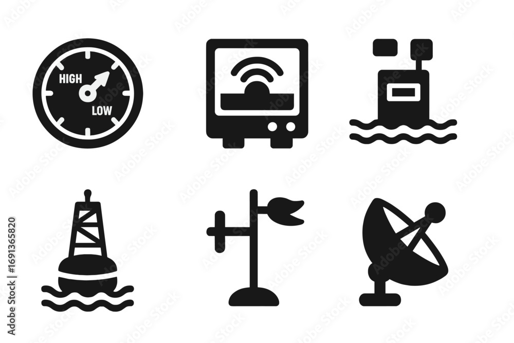 Poster tidal instruments icons. solid, filled icon set of tidal instruments: tide clock, sonar device, tide