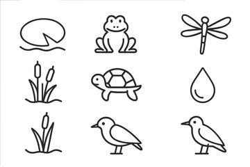 Naklejka premium Freshwater Ecosystem Icons. Outline icon set of freshwater ecosystems: lily pad, frog, fish, dragonfly,