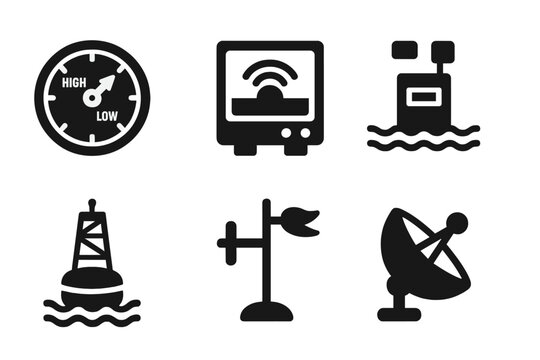 Tidal Instruments Icons. Solid, filled icon set of tidal instruments: tide clock, sonar device, tide chart, water level sensor,