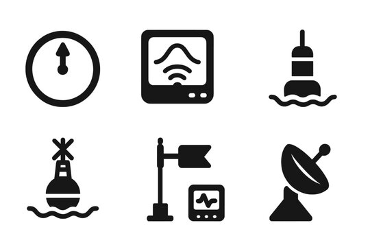 Tidal Instruments Icons. Solid, filled icon set of tidal instruments: tide clock, sonar device, tide chart, water level sensor,