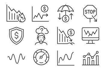 Fototapeta premium Risk and Volatility Icons. Outline icon set of Risk and volatility: market crash, price volatility, hedging,