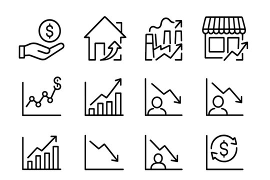 Economic Trend Icons. Outline icon set of Economic trends: consumer spending, housing market, industrial