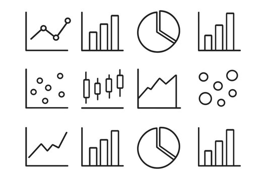 Financial Chart Icons. Outline icon set of Financial charts and graphs: line chart, bar chart, pie chart,