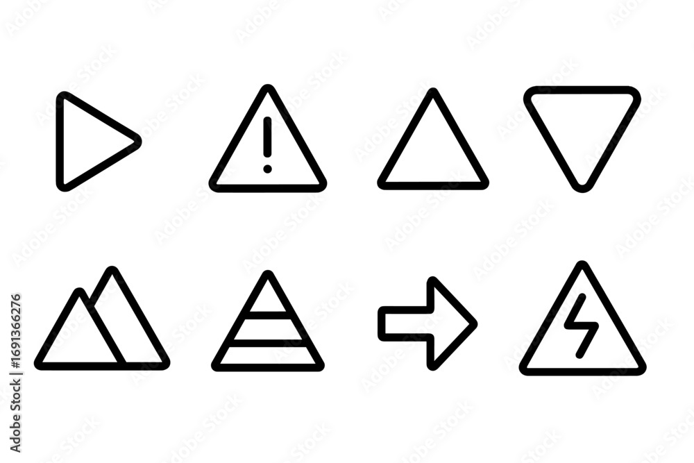 Poster triangle icon set. outline icon set of triangle symbols: play button, warning sign, delta symbol, yi