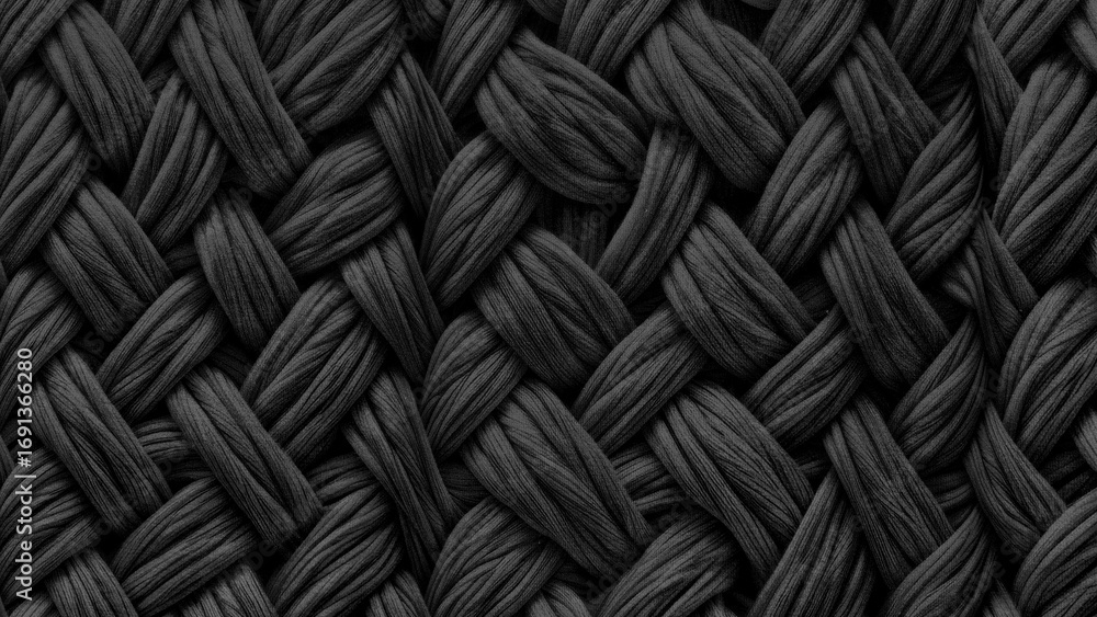 Poster close up of a black and white patterned fabric. the pattern is made up of many small, twisted lines.
