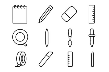 Painting Tools Icons. Outline icon set of Painting tools and accessories: sketchbook, pencil, eraser, ruler,