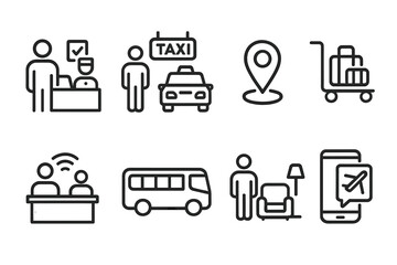Travel Arrival Icons. Outline icon set of travel arrivals: hotel check-in, taxi stand, map pin, luggage cart, welcome desk,