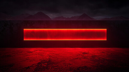 Glowing horizontal red neon light in dark moody environment with textured ground and mountain silhouette background.
