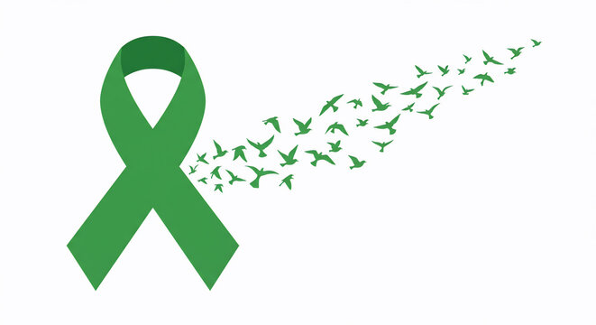 Green ribbon with flock of birds, an illustration for awareness. Symbol of hope, peace, organ donation, mental health