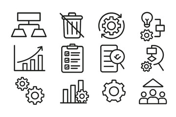 Lean Management Icon Set. Outline icon set of Lean management principles: value stream map, waste reduction,