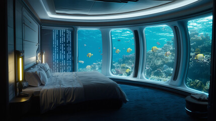 Futuristic underwater hotel suite with panoramic windows showing coral reef and tropical fish in a serene ocean setting.