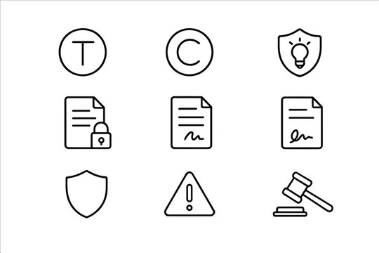Legal Protection Icons. Outline icon set of Brand protection and legal: trademark, copyright, patent, NDA