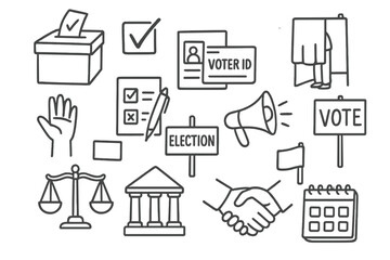 Voting Process Icons. Hand-drawn doodle illustration democratic voting process ballot box, checkmark, voting booth, voter ID card,