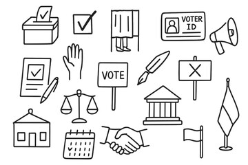 Voting Process Icons. Hand-drawn doodle illustration democratic voting process ballot box, checkmark, voting booth, voter ID card,