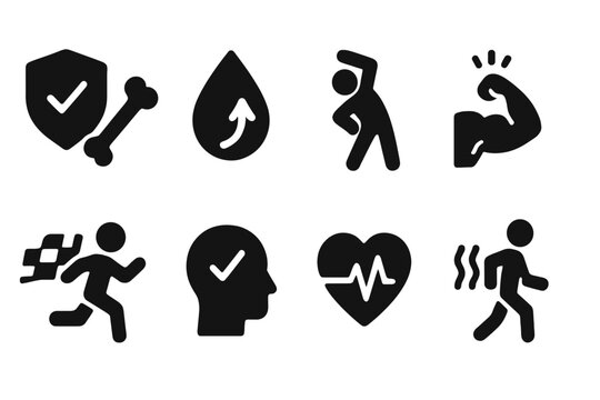 Warm-Up Benefits Icons. Solid, filled icon set of warm-up benefits: injury prevention, increased blood flow, improved flexibility,