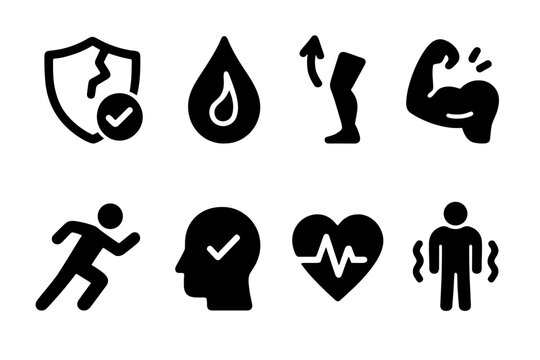 Warm-Up Benefits Icons. Solid, filled icon set of warm-up benefits: injury prevention, increased blood flow, improved flexibility,