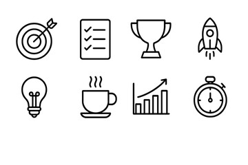 Motivation Icons Set. Outline icon set of Motivation and productivity: target, checklist, trophy, rocket,
