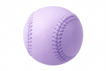 Purple baseball spinning with detailed leather grain and precise stitching, suspended on clear backdrop