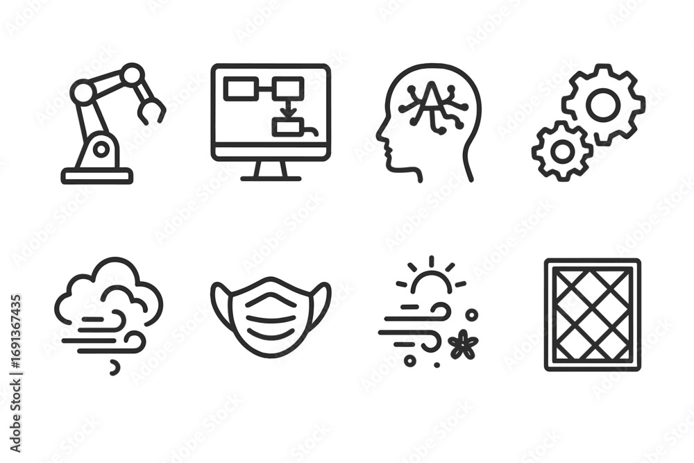 Poster workflow and air icons. outline icon set of workflow automation: robotic arm, computer screen, conve