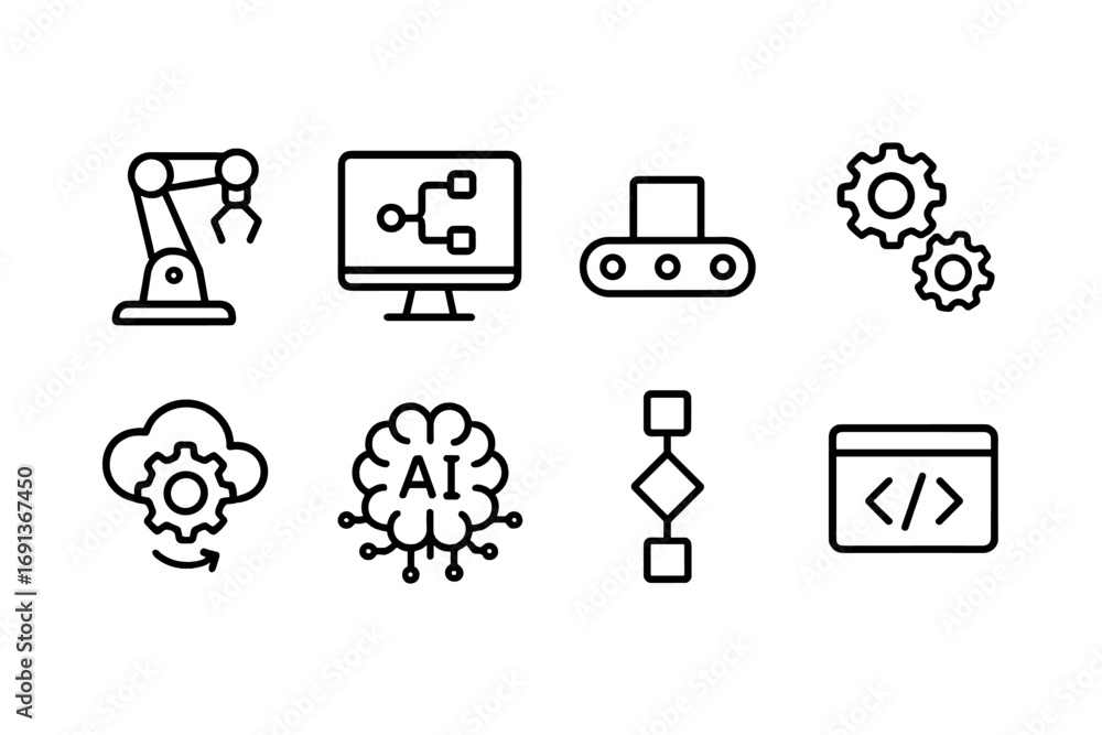 Poster workflow automation icons. outline icon set of workflow automation: robotic arm, computer screen, co